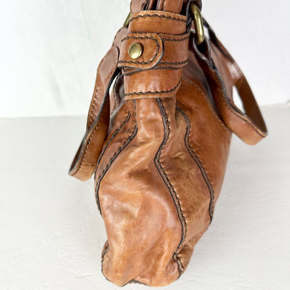 Fossil Fifty Four Vintage Leather Satchel Bag Purse Cognac Brown Y2K Key Charm - Picture 3 of 13
